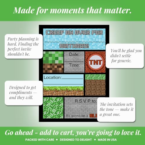 Amanda Creation Pixel Miner Birthday Invitations, 20 Pack 5x7 Fill-In Video Game Birthday Invitations for Boys with White Envelopes, Made in USA - color: Creepy Pixel Miner
