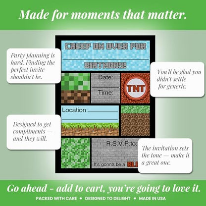 Amanda Creation Pixel Miner Birthday Invitations, 20 Pack 5x7 Fill-In Video Game Birthday Invitations for Boys with White Envelopes, Made in USA - color: Creepy Pixel Miner