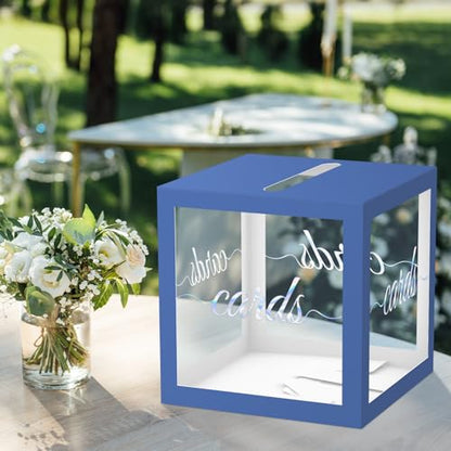 QISOLIY Navy Blue Clear Laser Silver Card Box 8.7" Wedding Card Boxes for Reception Holder Money Box for Graduations, Baby Showers, Birthdays, Weddings, Retirements, Open Houses, Anniversaries - color: Navy Blue Clear Iridescent
