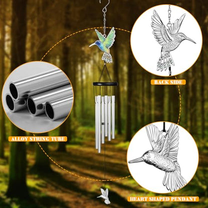 Outdoors Hummingbird Wind Chimes Sympathy Memorial for Loss of Loved One - Soothing Melodic Tones Aluminum Chime Great as a Gift for Your Patio Porch Garden and Backyard (Silvery, Hummingbird) - size: 24.1" Silvery Hummingbird