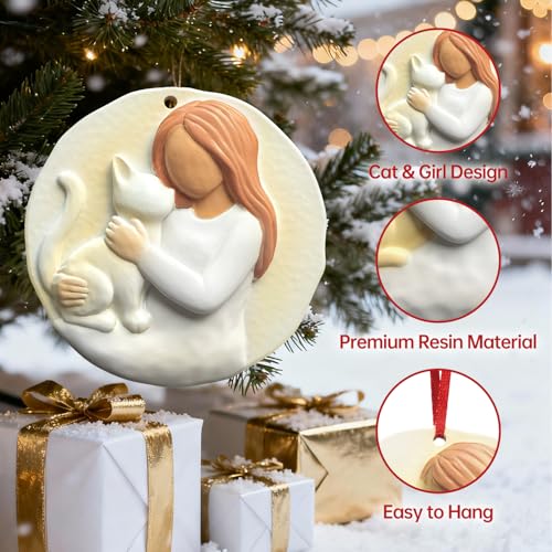 3D Cat Christmas Ornament for Christmas Tree Decorations 2026 - Cat Lover Gifts for Women, Girls, Pet Owners - Animal Lover for Resin Christmas Decorations Holiday Keepsake Gift - style: Cat & Girl