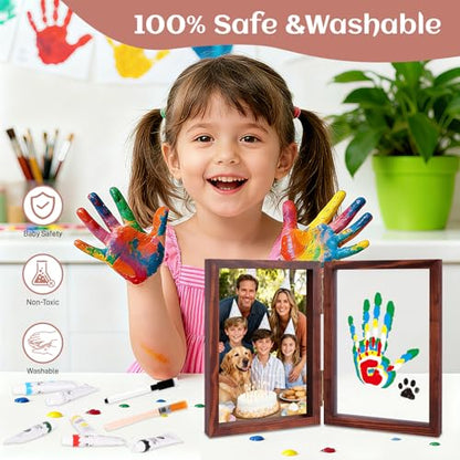 Family Handprint Kit, DIY Baby Hand and Footprint Handmade Keepsake Wooden Frame, Family Gifts with 6 Non-Toxic Baby-Safe Paint, Ideas Gift for New Parents, Grandparents, Father's Day, Mother's Day - color: Brown, size: 5 Pages Acrylic Boards