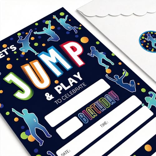 Trampoline Jump Birthday Party Invitations, Bounce House Birthday Invitations For Boys Girls Birthday Invites, Theme Birthday Party Decorations, 20 Invitations with 20 Envelopes