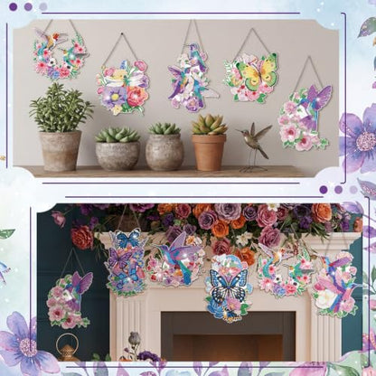 Cinnvoice Seasonal Diamond Art Hanging Kit,12 Pcs,Fluttering Garden | Hummingbird Butterfly,Holiday Diamond Art Wreath, Month Diamond Hanging Ornaments,Suncatcher, for Door Window Wall - style: Fluttering Garden