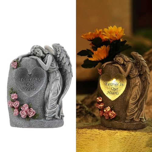 VEEKI Solar Cemetery Vases for Grave, Resin Angel Headstones Vases with Spikes for Fresh Artificial Flowers, Grave Markers for Cemetery Memorial Day Decor, Memorial Gifts for Loss of Loved One (Grey) - color: Gray