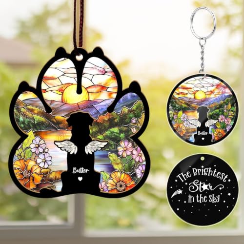 Personalized Pet Memorial Suncatcher, Custom Dog Cat Memorial Window Hanging with Photo & Name, Stained Glass Style Memorial Suncatcher, Rainbow Bridge Sympathy Gift for Pet Lovers - color: #15 Pet Suncatcher