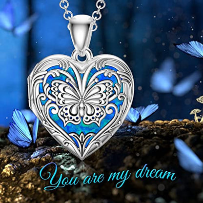 SOULMEET Personalized Silver Locket Necklace That Holds Pictures Photo Keep Someone Near to You, Memorial Custom Lockets Necklaces Letters Engraving for His Her - color: F3-Opal butterfly-Black, style: Locket Necklace Only