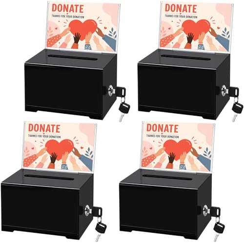 4 Pack Acrylic Donation Box with Lock and Sign Holder, Clear Ballot Suggestion Boxes with Slot, Raffle Box Tips Jar for Fundraising, Donation, Bar, School Voting, Size 6.2'' x 4.6'' x 4.0'', Black - color: Black