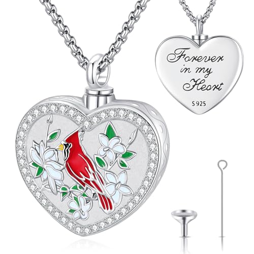 Eusense Cremation Jewelry for Ashes Urn Necklace to Put Ashes In 925 Sterling Silver Memorial Pendant Heart Urn Necklaces for Ashes Necklace for Women Men - style: G-Red Cardinal Urn Necklace