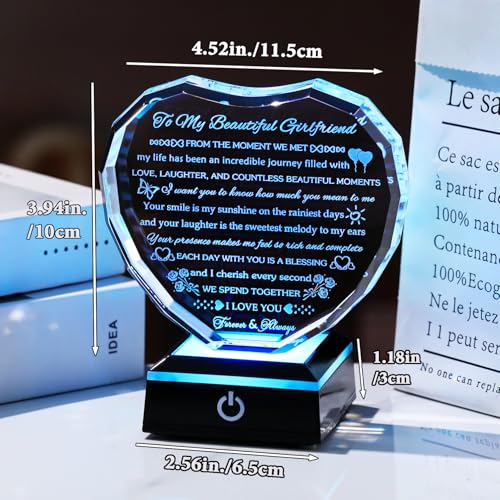 Arikyrist Gifts for Girlfriend with Colorful Base Girlfriend Anniversary Birthday Gifts from Boyfriend Crystal Heart Keepsake to My Girlfriend Romantic I Love You Gifts on Valentine Christmas - style: Girlfriend Gifts + Light Base
