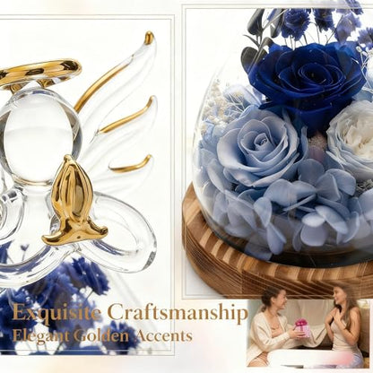 Angel Rose Figurine with LED Lights - Real Preserved Eternal Rose in Glass Dome, Forever Flowers Gift for Women, Birthday Valentine's Wedding - color: Cobalt Velvet Rose