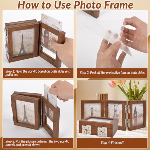 Collage Picture Photo Frames - 4x6, Triple Hinged 3 Desk Picture Frame, Wooden Desk Tabletop Family Photo Frame with Glass Opening, Decorative Folding Trifold Picture Frame Stand Vertical, Brown - style: Collage Brown 3-Fold,4×6"