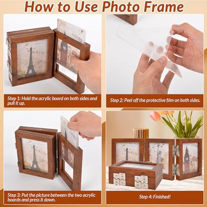 Collage Picture Photo Frames - 4x6, Triple Hinged 3 Desk Picture Frame, Wooden Desk Tabletop Family Photo Frame with Glass Opening, Decorative Folding Trifold Picture Frame Stand Vertical, Brown - style: Collage Brown 3-Fold,4×6"