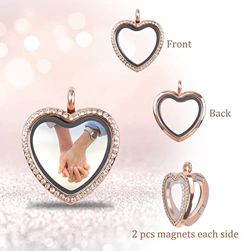 WANDIC Rhinestone Photo Charm, Rose Gold Heart Crystal Photo Pendant Bridal Wedding Bouquet Charms Living Floating Memory Locket for 2 Pictures - color: Rose Gold