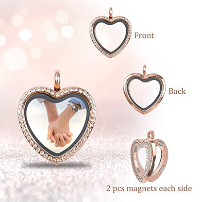 WANDIC Rhinestone Photo Charm, Rose Gold Heart Crystal Photo Pendant Bridal Wedding Bouquet Charms Living Floating Memory Locket for 2 Pictures - color: Rose Gold