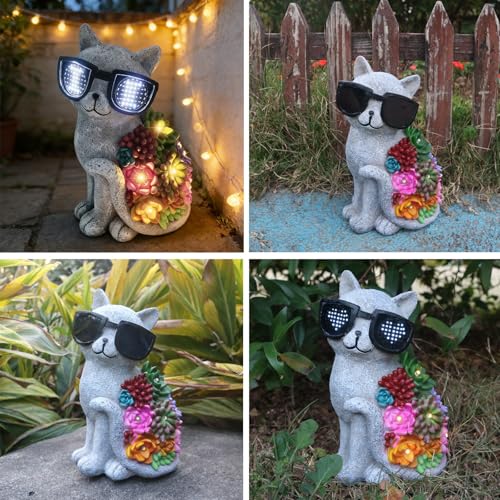 Solar Cat Garden Decor Statues with Succulent LED Lights and Sunglasses | Cat Figurines Gifts for Women Mom Grandma ，Outdoor Garden Decoration for Patio Yard Lawn - style: French