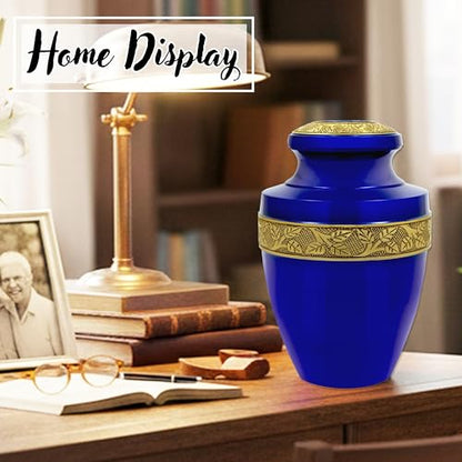 Cremation Urn for Human Ashes, Persian Blue & Gold - color: Persian Blue Gold, size: Hand-Etched Leaf - 7x11"