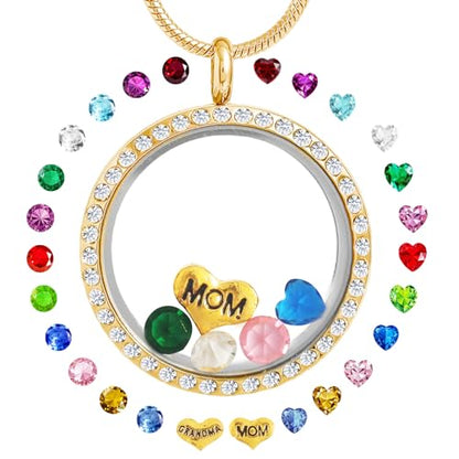 Floating Locket Necklace for Mom Grandma Birthstone Necklace for Women - color: Gold