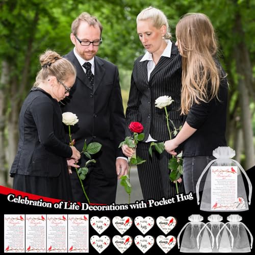 Yousoontic 120 Sets Funeral Favors Celebration of Life Decorations Cardinal Memorial Angel Sign Heart Pocket Hug Token with Prayer Card Organza Bag for Guests Funeral Cardinal Memorial Gifts