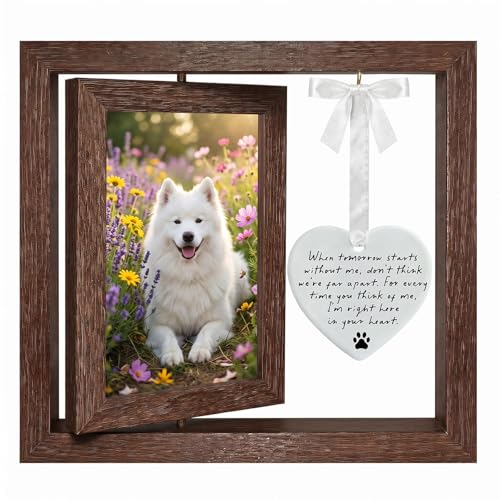Pet Memorial Picture Frame with Memorial Ceramic Heart Keepsake, “When Tomorrow Starts Without Me” Dog Cat Loss Sympathy Gift, Rotating Frame for Desk Home Display, Bereavement Gift (brown)