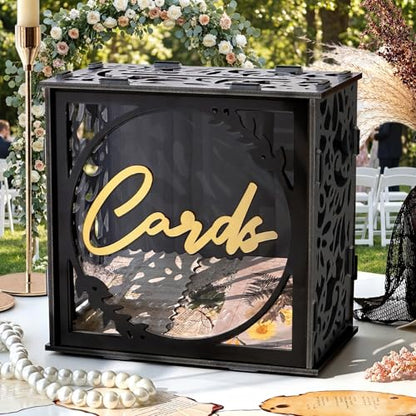 Black & Gold Wedding Card Box for Reception, PVC Gift Cards Holder for Graduation Party, Funeral Memorial, Birthday, Bridal & Baby Shower, Retirement, Donation Basket, Money, Envelope Box with Slot - color: Black