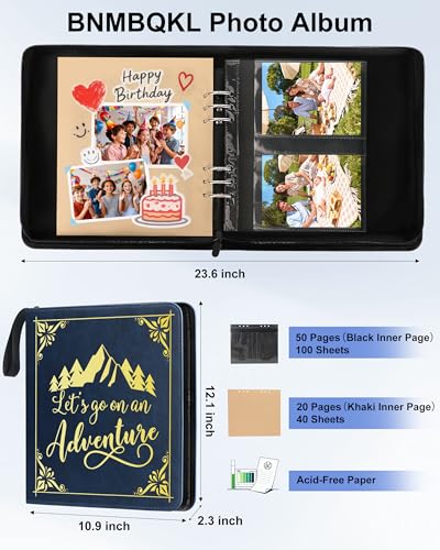 Adventure Leather Photo Album 4x6 200 Photos, DIY Scrapbook with 50 Sheets and 20 Blank Kraft Sheets, Travel Souvenir Diary Photo Book for Family Wedding Baby and Holiday Pictures - color: Blue-text