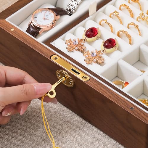 Black Walnut Wooden Lockable Jewelry Box, 2 Layer Organizer Case for Women - color: 2 Layer Lockable