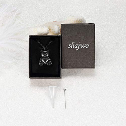 shajwo Teddy Bear Cremation Urn Necklace for Women Men | Stainless Steel Heart Memorial Urn Keepsake Locket Pendant Ash Holder - color: Teddy Bear- Black