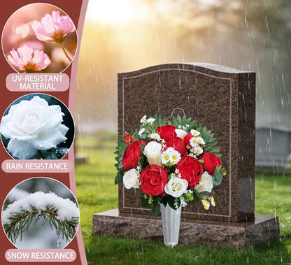Artificial Flowers for Cemetery with Vase,Cemetery Flowers for Grave Vase,Florist Create Memorial Tombstone Bouquet:Red Peony,White Rose Mix Arrange,Weather Resistant,Easy use - size: 1bouquet with 1vase