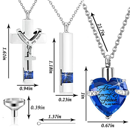 weikui 3 Pieces Heart Cross Cubic Urn Necklace for Ashes for Men Women Cremation Jewelry Crystal Memorial Locket Ashes Pendant Family Keepsake Sharing Jewelry Set - color: 3 Silver Pendants - Blue Custom