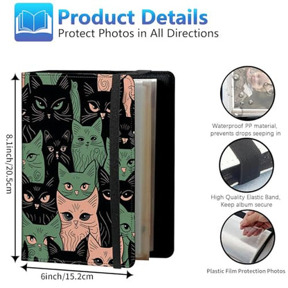 Photo Album 3.5x5 80 Photos Small Capacity PU Leather Cover, Black Green Cats Mini Photo Album 3.5x5 with Elastic band, Birthday Christmas Photo Albums Wedding Anniversary - color: Black Green Cats, size: 3.5*5 Holds 80 Photos