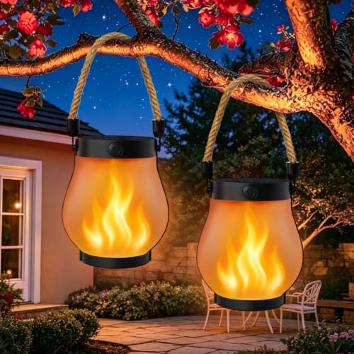 2 Pack Solar Lanterns Outdoor Waterproof, Solar Flame Lanterns with 2 Modes | Ultra-Real Flame, USB/Solar Charging, IP65 Waterproof, Hanging/Table Solar Lights Outdoor for Tree Garden Porch Yard Patio - size: 2Pack