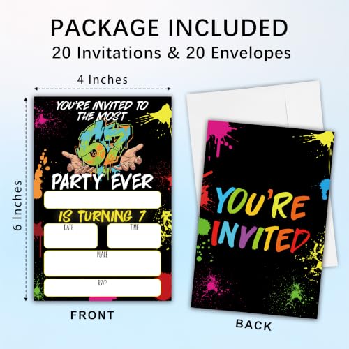 Gamer 7th Birthday Invitation Cards with Envelopes, 20 Pack 4x6 Fill-In Party Invites for Boys Girls, Neon Kids Birthday Party Supplies - B06 - color: 6 7 Gamer