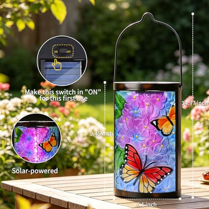 MUMTOP Butterfly Solar Lantern, Hanging Glass Outdoor Garden Light - color: Periwinkle Blue