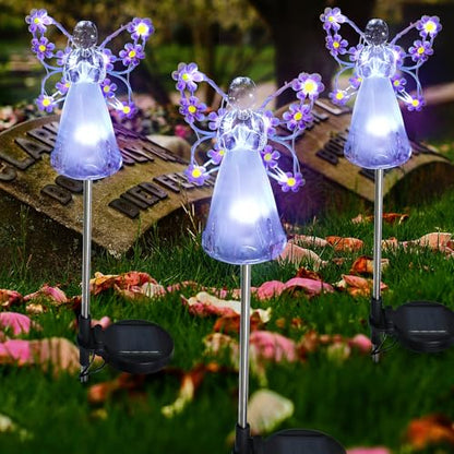 Flumy Angel Solar Lights Outdoor, 2 Packs Purple Solar Powered Garden Stake Lights for Cemetery Grave Decoration, Memorial Gifts for Yard Garden Outside Eternal Lawn Lamp Sympathy Gift