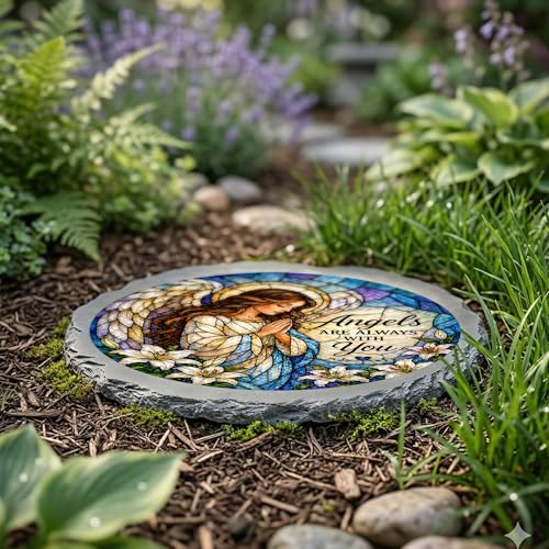 Magnolia Garden 10-Inch Angels are Always with You - Faux Stained Glass Guardian Angel Garden Stone, Weather-Resistant Resin Remembrance Accent, Comfort Sympathy Outdoor Yard Decor & Walkway Plaque