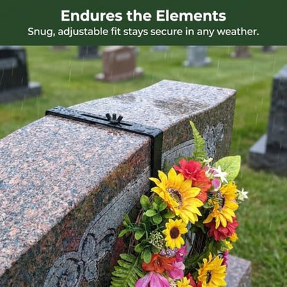 Carson Adjustable Headstone Wreath Holder – Black Metal Grave Hanger with Protective Padding – Secure Cemetery Saddle for Memorial Wreath Display 4.5 to 8.75 Inch Fit