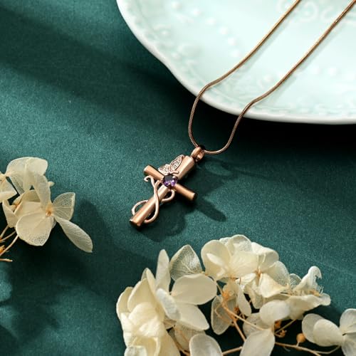 Butterfly Cross Cremation Jewelry Urn Necklaces Cross Butterfly Urn Necklaces for Ashes Memorial Keepsake Pendant for Women Men Gifts With Funnel Kit & Bag - color: Rose+Purple