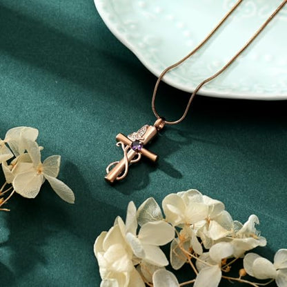 Butterfly Cross Cremation Jewelry Urn Necklaces Cross Butterfly Urn Necklaces for Ashes Memorial Keepsake Pendant for Women Men Gifts With Funnel Kit & Bag - color: Rose+Purple