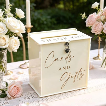 Acrylic Card Box with Lock & Slot, Warmy Cream Money Gift Card Box for Wedding Reception, Cash Envelope Box Ideal for Graduation Bridal Baby Shower Quinceanera & Baptism Party Supplies - color: Cream White