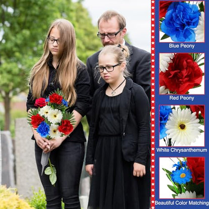 6 Sets Patriotic Memorial Bouquet with Vase Cemetery Flowers for Grave Red Blue Peony and White Mum Thank You Veterans Artificial Flowers 4th of July Funeral Headstones Bouquet Grave Decoration