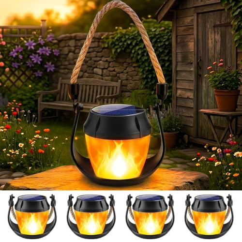 Solar Lanterns Outdoor Lights, 4 Pack Flickering Flame Hanging Lanterns | Waterproof Solar Powered Outdoor Lights for Camping Yard Garden Patio Tabletop Holiday Decorations - size: 4 Pack