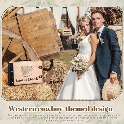 Engrowtic Western Cowboy Wedding Guest Book with Pen Wooden Guestbook Wedding Reception with Leather 7 x 10 Inches Wood Grain Guest Book Signing for Birthday Bridal Shower Baby Shower Decor - style: Western