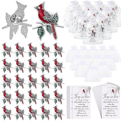 Jexine 240 Pcs Cardinal Pins Bulk Gift Funeral Favor Memorial Cards,Elegant | Include 80 Cardinal Pins, 80 Cards, 80 Gift Bags, Celebration of Life Favors Memorial Keepsakes for Funeral Service Guests - style: Elegant