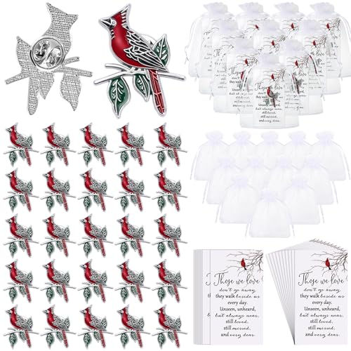 Jexine 240 Pcs Cardinal Pins Bulk Gift Funeral Favor Memorial Cards,Elegant | Include 80 Cardinal Pins, 80 Cards, 80 Gift Bags, Celebration of Life Favors Memorial Keepsakes for Funeral Service Guests - style: Elegant