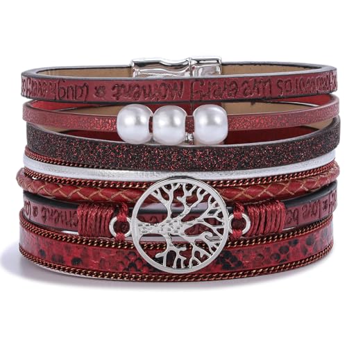 Tree of Life Inspirational Leather Wrap Bracelets Boho Western Cowgirl Cuff - color: Burgundy