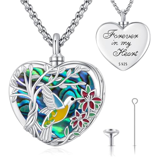 Eusense Locket Necklace Cremation Jewelry Sterling Silver U3-Silver | Hummingbird Urn Necklace for Ashes for Women Men, Keepsake, Humming Bird Ash Pendant, Heart Memory Jewelry Gifts