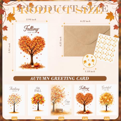 Eaasty 100 Sets Cards with Stickers and EnvelopesBlank Inside Funny Card 5 Style Greeting Card Designs (Autumn Folding Style) - style: Autumn Folding Style