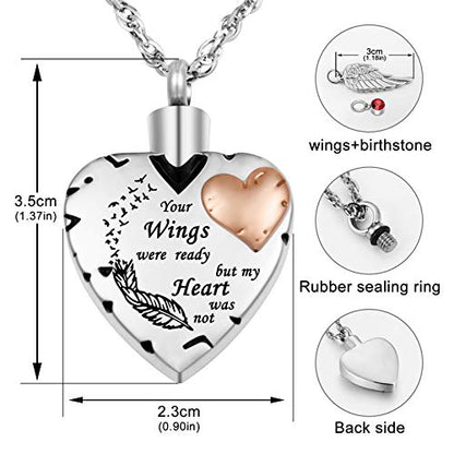 Dletay Heart Cremation Necklace for Ashes Cremation Jewelry with 12 Birthstones Urn Necklace for Ashes-Your Wings were Ready but My Heart was Not - style: Heart-engraving