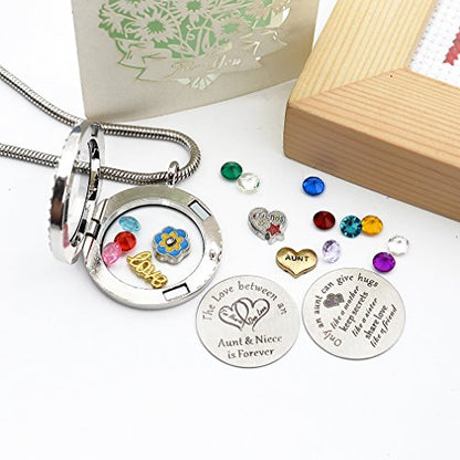 Beffy Locket Gifts for Niece Aunt, Floating Living Memory Necklace Pendant | Pendant Charm & Birthstone for Women, Mothers Day, Birthday, Stainless Steel - color: NiecesAunt-C002